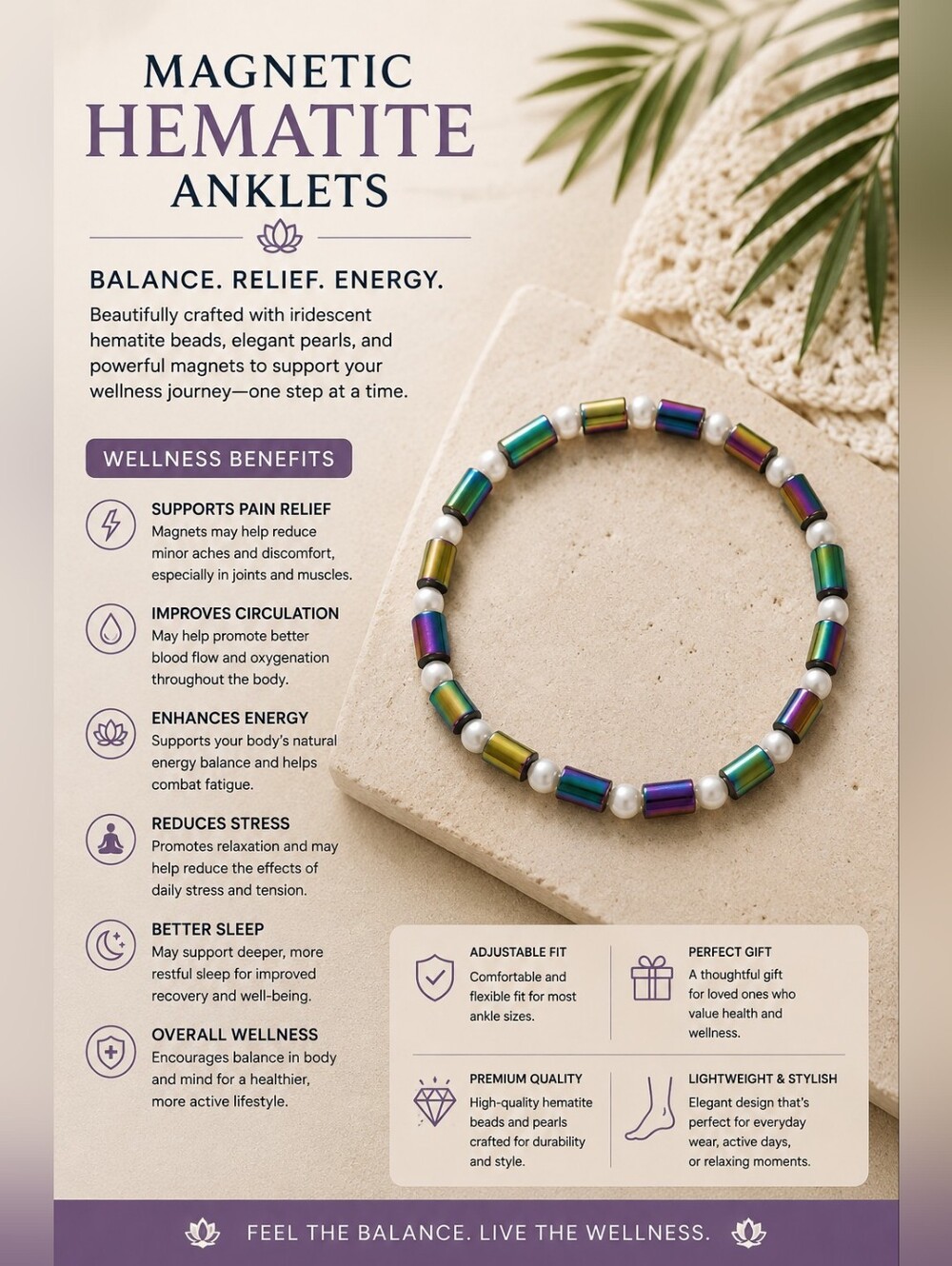 Magnetic Hematite Anklet Bracelet with Iridescent Beads and Pearls - Rainbow